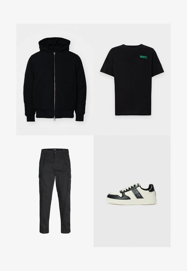 Veste à capuche noire avec fermeture éclair sur le devant, poche kangourou, poignets et ourlet côtelés, présentée sur un fond blanc uni.; T-shirt noir en coton à manches courtes. Présente un logo "ROOTS" vert sur le devant, un col rond et une coupe standard.; Pantalons cargo noirs en tissu résistant, dotés de plusieurs poches, d'une fermeture par bouton et d'une coupe slim avec des jambes fuselées.; Baskets en cuir avec un schéma de couleurs noir et crème, dotées d'accents perforés, d'un col rembourré et d'une semelle texturée.