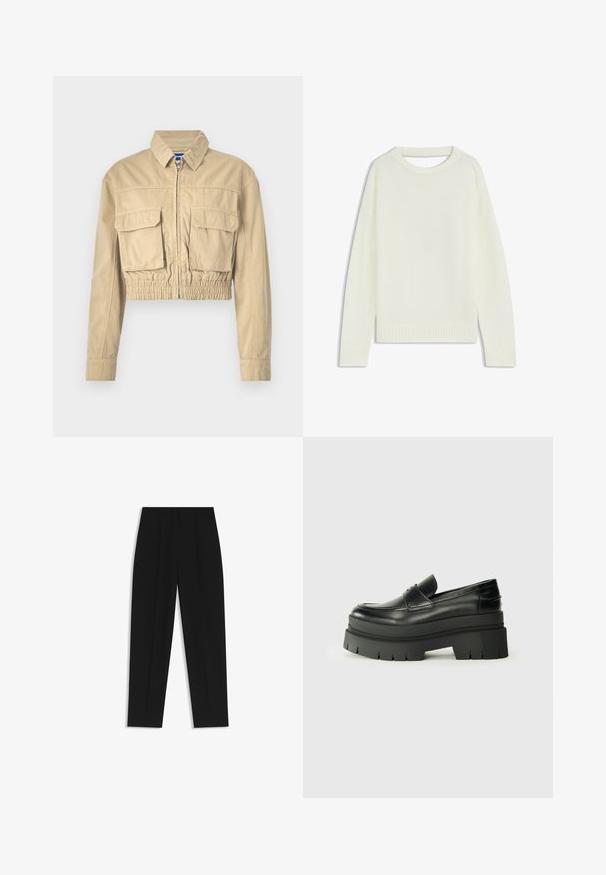 Beige Cropped-Jacke aus Baumwolle mit Reißverschluss vorne, zwei Brusttaschen, elastischem Bund und Knopfmanschetten. Glatte Textur und leichtes Design.; Hellbeige Pullover mit Rundhalsausschnitt, langen Ärmeln, geripptem Saum und weicher Textur. Keine Muster oder sichtbaren Hardware-Details.; Schwarze Hose mit geradem Schnitt, doppelten Falten, einer glatten Textur und einem klassischen Bunddesign. Keine sichtbaren Beschläge oder Akzente.; Schwarze Lederloafer mit einer klobigen Plateausohle. Abgerundete Spitze, Nahtdetail auf der Vorderseite und dezente Nähte. Flache, strukturierte Außensohle.