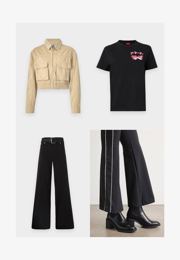Beige lühike jakki, mis on valmistatud puuvillast, eesriide tõmblukuga, kahe rinna taskuga, elastse vöökoha ja nööpvarrukatega. Sile tekstuur ja kerge disain.; Musthave musta T-särk lühikeste varrukatega, millel on vasakul rinnal roosa prillide graafika ja tekst "Not Your Girl".; Mustad laiad mustad püksid, mis on valmistatud puuvillast, kõrge vöökoha, suurte küljetaskute ja kumerate rihmadega, kus on hõbedased detailid.; Mustad nahast pahklu_bootid, millel on ploki konts ja elastsed külgpaneelid. Kombineeritud mustade pükstega, millel on valge küljeriba.