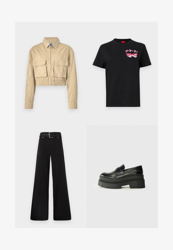 Orezaný béžový kabát z bavlny so zipsom vpredu, dvoma náprsníkmi, elastickým pásom a gombíkovými manžetami. Hladká textúra a ľahký dizajn.; Čierne bavlnené tričko s krátkymi rukávmi s ružovou grafikou slnečných Okulárov a textom "Nie som tvoja dievčina" na ľavej strane hrudníka.; Čierne nohavice so širokými nohavicami vyrobené z bavlny, s vysokým pásom, veľkými bočnými vreckami a opaskom s prackou so striebornými detailmi.; Čierne kožené loafers s masívnou platformou. Zaoblená špička, predný šev a jemné švy. Plošná, štruktúrovaná podrážka.