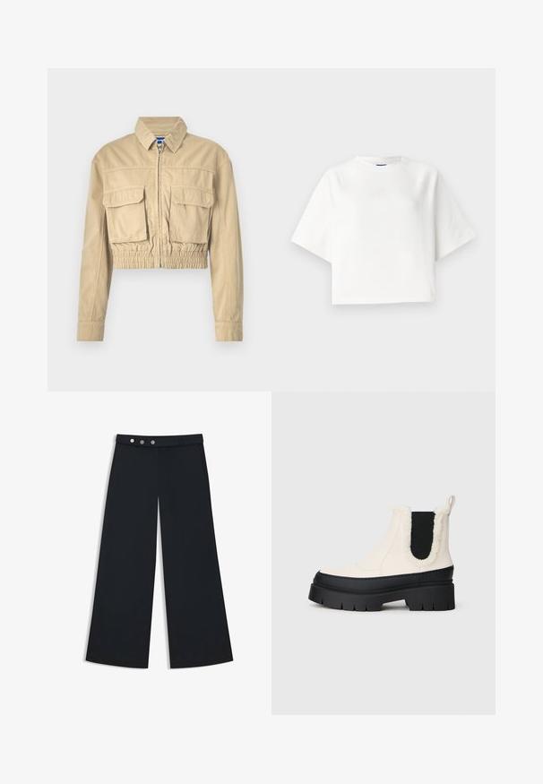 Chaqueta beis cortada de algodón con cierre de cremallera en la parte frontal, dos bolsillos en el pecho, cintura elástica y puños con botón. Textura suave y diseño ligero.; Camiseta blanca de gran tamaño con mangas raglán cortas, hecha de una tela suave. Presenta un logotipo sutil en el pecho y un escote redondo.; Pantalones negros de pierna ancha con una textura suave, que presentan una cintura plana, un cierre de doble botón y bolsillos laterales.; Botas de tobillo con plataforma gruesa, parte superior blanca, suela de goma negra y paneles elásticos laterales en negro que contrastan. Adorno de pelo sintético en el borde superior.