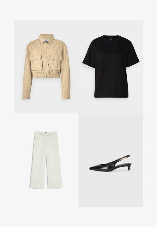 Beige Cropped-Jacke aus Baumwolle mit Reißverschluss vorne, zwei Brusttaschen, elastischem Bund und Knopfmanschetten. Glatte Textur und leichtes Design.; Schwarzes Baumwoll-T-Shirt mit Rundhalsausschnitt, kurzen Ärmeln und aufgesticktem Logo auf der Brust. Einfacher, lässiger Schnitt ohne Muster.; Weite Hose aus zartem Creme-Stoff, mit seitlichen Taschen, flatem Bund und einer Knopfverschluss an der Taille. Glatte Textur.; Schwarze Leder-Slingback-Pumps mit spitzem Schuhblatt, ausgestattet mit einem schlanken Absatz und einem goldfarbigen Akzent am verstellbaren Riemen. Glatte Textur.