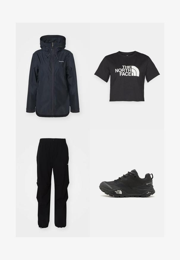 Giacca impermeabile blu navy con mezza zip, cappuccio regolabile e due tasche laterali con zip. Texture liscia e design minimalista.; Maglietta nera corta in cotone, con un logo bianco con accenti curvi e testo "THE NORTH FACE" sul davanti. Maniche corte, colletto alla marinara.; Pantaloni neri da esterno realizzati in materiale resistente, con vestibilità rilassata, cintura elastica e polsini regolabili per lunghezza adattabile.; Scarpa da trekking nera con una tomaia texturizzata, chiusura con lacci e una suola di gomma spessa che presenta un logo prominente sul lato e disegni del battistrada.
