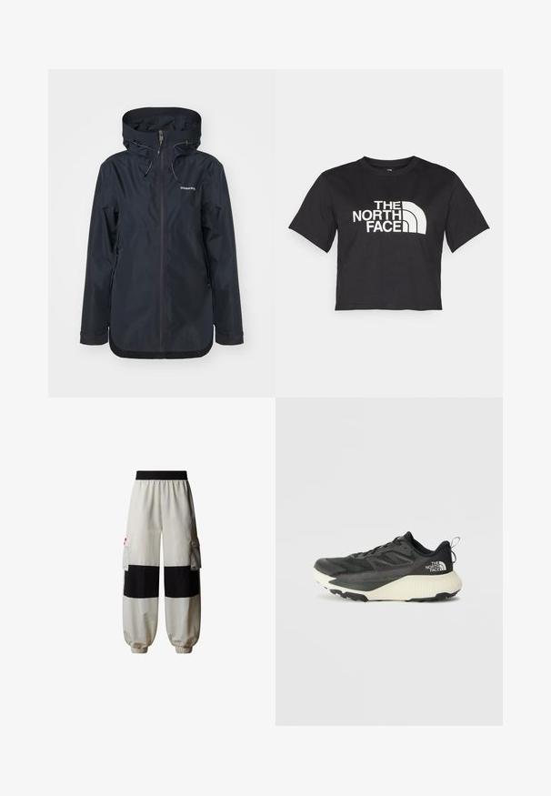 Marinewaterdichte jas met een halve rits, verstelbare capuchon en twee ritszakken aan de zijkanten. Glad textuur en minimalistisch ontwerp.; Zwarte cropped t-shirt gemaakt van katoen, met een wit logo met gebogen accenten en de tekst "THE NORTH FACE" op de voorkant. Korte mouwen, ronde hals.; The North Face HIMALAYAN - Cargobroek - white dune tnf black; Zwarte sportieve schoen met een gestructureerde bovenkant, voorzien van grijze accenten en een witte tussenzool. Inclusief een trekhaak en een opvallend merklogo op de hiel.
