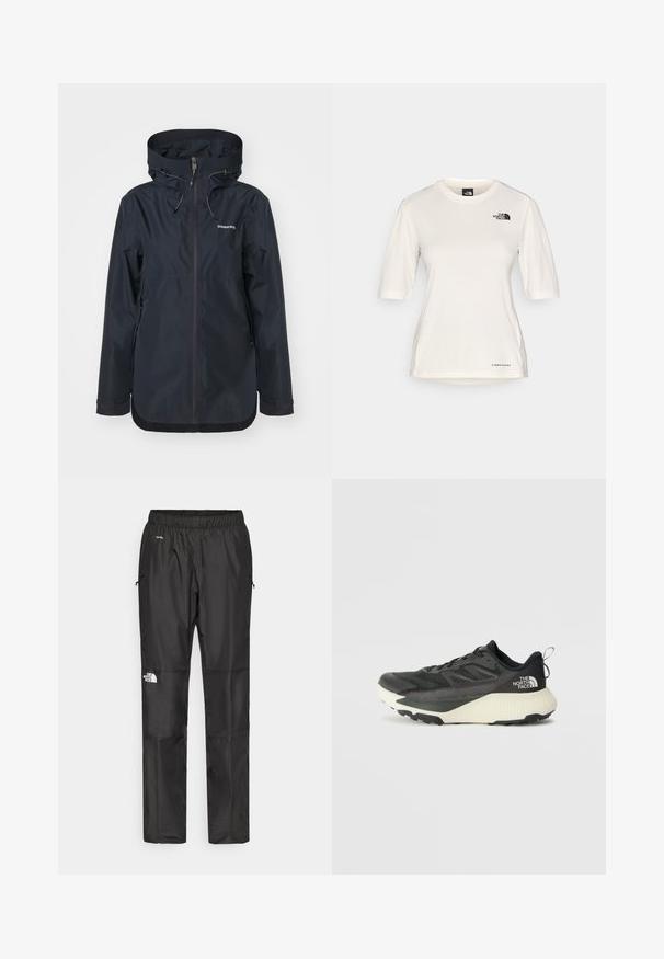 Giacca impermeabile blu navy con mezza zip, cappuccio regolabile e due tasche laterali con zip. Texture liscia e design minimalista.; The North Face SHADOW SHORT SLEEVE - T-Shirt sport - white dune; Pantaloni impermeabili neri realizzati in tessuto leggero, dotati di cintura elastica, tasche laterali e un logo sulla gamba sinistra.; Scarpa da ginnastica nera con tomaia testurizzata, con accenti grigi e un sottopiede bianco. Include una linguetta sul retro e un logo del marchio ben visibile sul tallone.