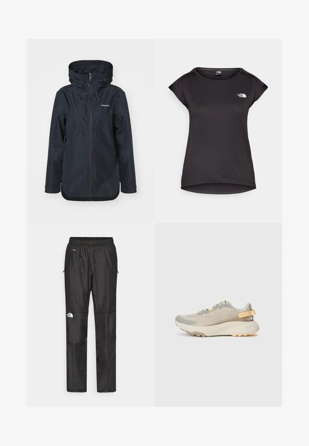 Marinewaterdichte jas met een halve rits, verstelbare capuchon en twee ritszakken aan de zijkanten. Glad textuur en minimalistisch ontwerp.; The North Face TANKEN TANK - Sport T-shirt - black; Zwarte waterdichte broek van lichtgewicht stof, uitgerust met een elastische tailleband, zijzakken en een logo op het linkerpijp.; Lichtbeige hardloopschoen met een gestructureerde mesh bovenkant, grijze accenten, duurzame rubberen zool en een achterste trekhaak voor gemakkelijk aan- en uittrekken.