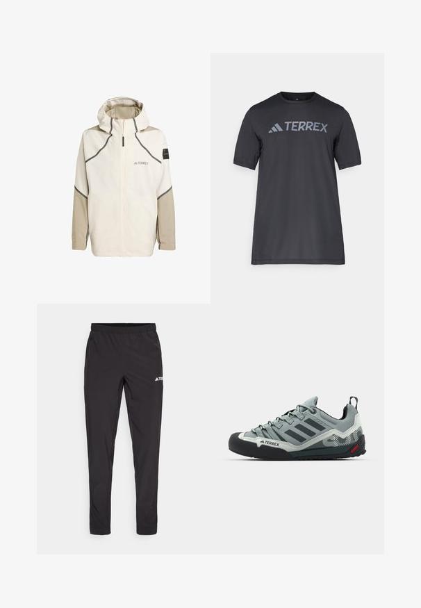 Lichte, crèmekleurige jas met rits aan de voorkant, capuchon en grijze accenten. Heeft textuursleeves en een logo op de borst voor branding.; Zwarte korte mouwen t-shirt van lichtgewicht stof, met een lichtgrijze "TERREX" logo over de borst en een ronde hals.; Zwarte sportbroek met een elastieke tailleband, twee zijzakken met rits en een logo op de bovenkant van het rechterbeen. Soepele, lichte stof.; Grijze klimschroeve met een gestructureerde bovenkant, zwarte rubberen neuskap, drie donkere strepen en een klein rood accent op de zool.