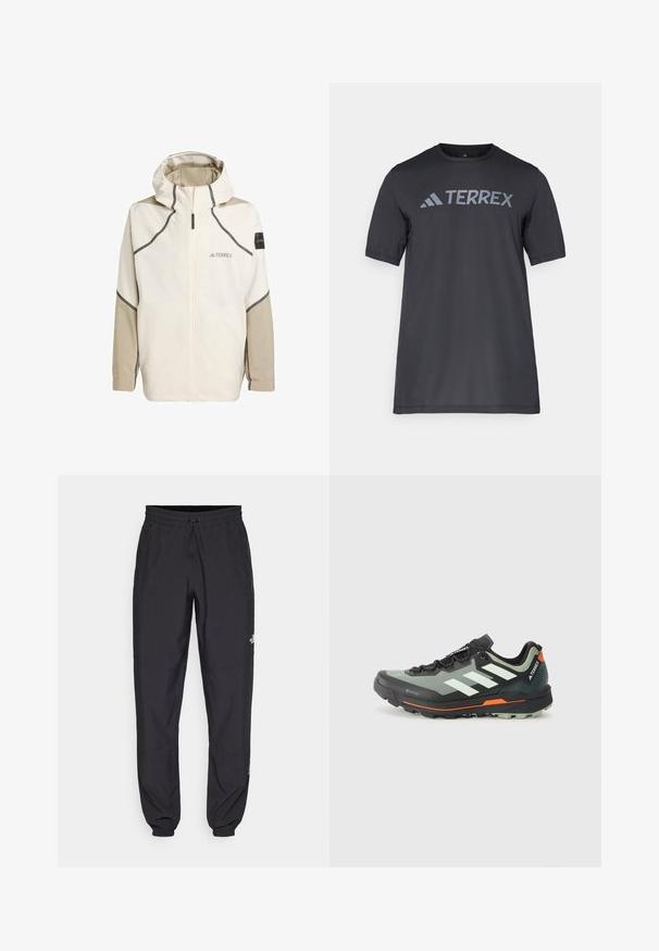 Chaqueta ligera de crema con cierre delantero, capucha y detalles en gris. Cuenta con mangas texturizadas y un logotipo en el pecho para la marca.; Camiseta negra de manga corta hecha de un tejido ligero, con un logotipo en gris claro "TERREX" en el pecho y cuello redondo.; Pantalones deportivos negros hechos de un tejido ligero, con una cinturilla ajustable, bolsillos laterales y puños ajustados en los tobillos.; Zapatilla de trail running ligera con una parte superior de malla gris y negra, detalles en naranja y una suela robusta para tracción. Forro impermeable Gore-Tex.