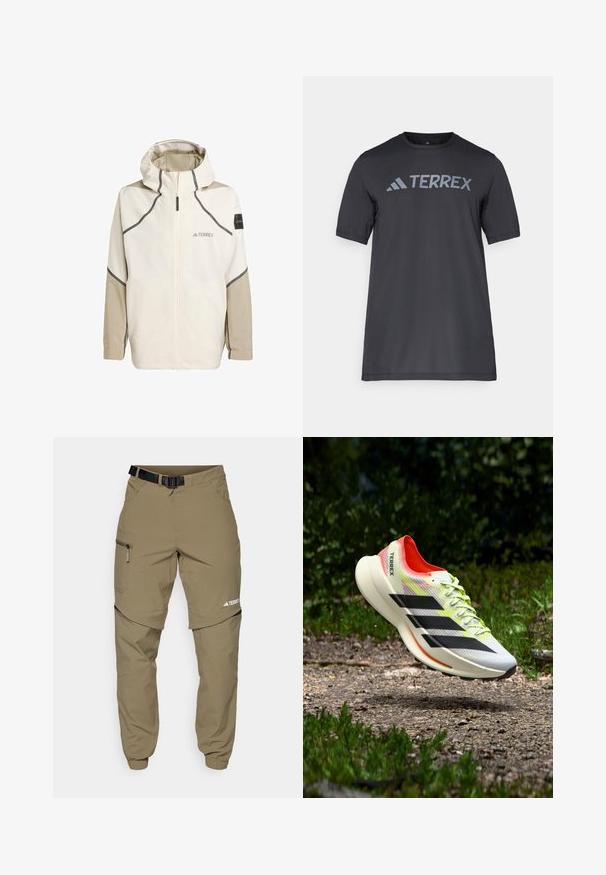 Letvægts cremede jakke med lynlås foran, hætte og grå detaljer. Har teksturerede ærmer og et logo på brystet til branding.; Sort kortærmet t-shirt lavet af let stof, med et lys gråt "TERREX" logo på tværs af brystet og rund halsudskæring.; Beige udendørsbukser med bælte, lynlåslommer på siden og elastiske manchetter. Har et design med aftagelige ben for alsidighed og en glat tekstur.; Let løbesko i hvid med sorte striber, røde detaljer og gule snørebånd; har en tekstureret overdel og polstret sål.