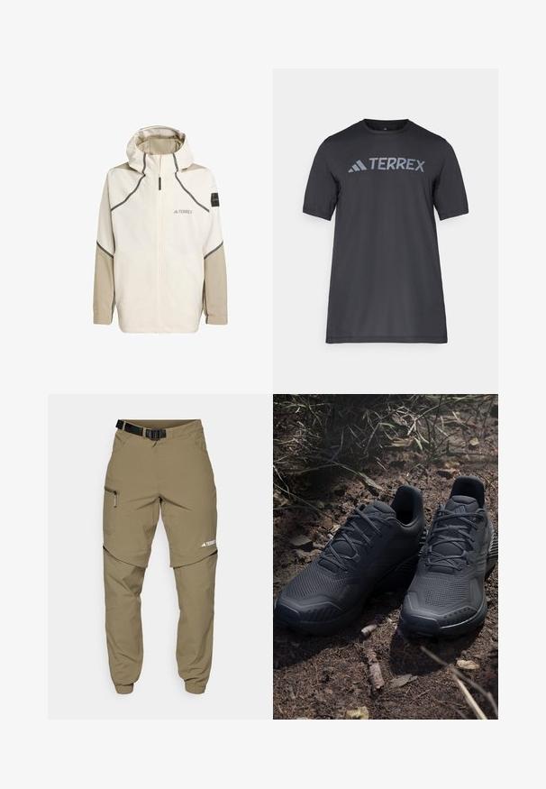 Gaišs, krēmkrāsas jakas ar rāvējslēdzēju priekšpusē, kapuci un pelēkiem akcentiem. Iekļauj teksturētas piedurknes un logo uz krūtīm zīmola atpazīšanai.; Melna īsām piedurknēm T-kreklu, kas izgatavots no viegla auduma, ar gaismu pelēku "TERREX" logo krūšu daļā un apaļu kakla izgriezumu.; Kaki āra bikses ar regulējamu melnu jostu, ar rāvējslēdzējiem kabatām, sašaurinātiem piedurknēm un noņemamām apakšējām kājām, nodrošinot daudzveidīgu stilu.; Melni sporta apavi ar struktūru adītu virsu, pastiprinātu pirkstu daļu un amortizētu zoli, izvietoti uz zemes, kurā ir izkaisīti zari.