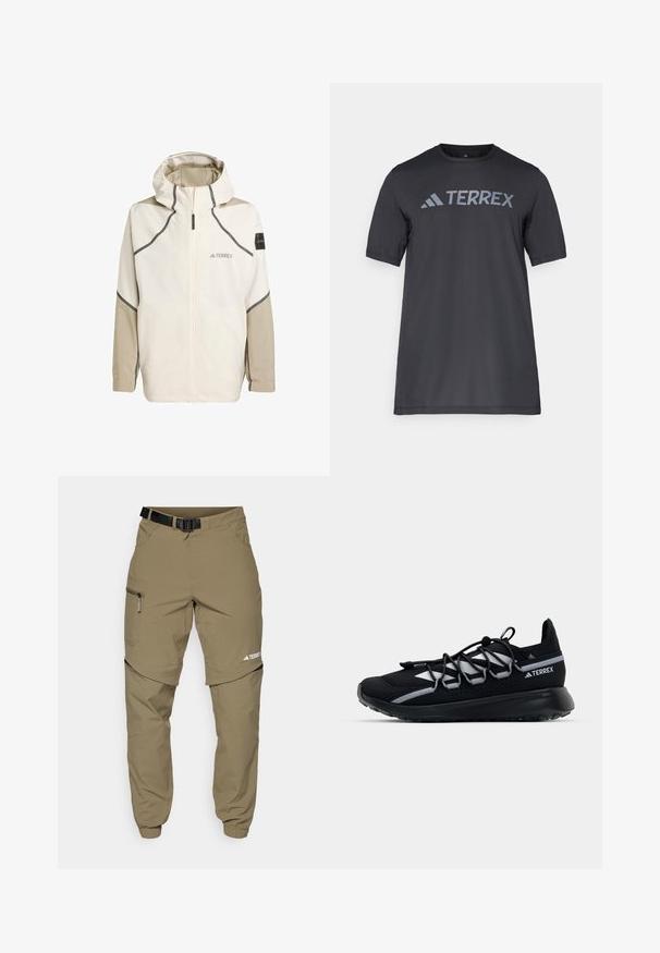 Jachetă ușoară, din crem, cu fermoar în față, glugă și accente gri. Dispune de mâneci texturate și un logo pe piept pentru branding.; Tricou negru cu mânecă scurtă, confecționat dintr-un material ușor, având un logo gri deschis „TERREX” pe piept și un gât rotund.; Pantaloni de exterior khaki, cu o curea ajustabilă neagră, buzunare cu fermoar, mansete conice și picioare inferioare detașabile pentru un stil versatil.; Pantofii sport negri cu o parte superioară din plasă, accente reflectorizante, șireturi elastice și o talpă din cauciuc texturată. Caracterizează un design elegant pentru performanță.