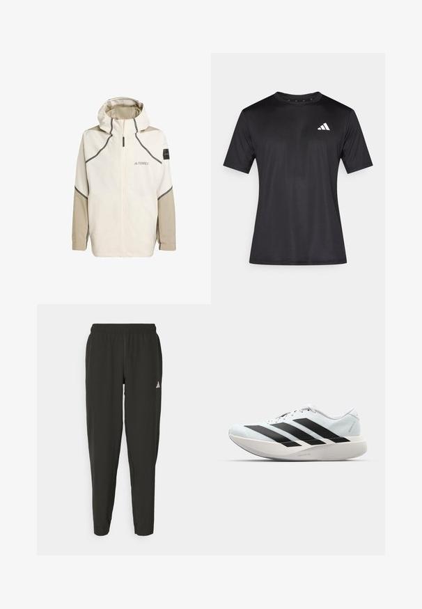 Lett, kremfarget jakke med glidelås foran, hette og grå detaljer. Har strukturerte ermer og en logo på brystet for merkevare.; Svart atletisk t-skjorte laget av lett nettstoff, med korte ermer og en hvit logo på venstre bryst.; Svarte treningbukser med elastisk midje, slim fit, og hvit logo på venstre bein. Glatt, lett stoff.; Lette løpesko i lys blå med svarte striper. Har en myk overdel, rund tå og tykk hvit mellomsole merket "LIGHTSTRIKE PRO."