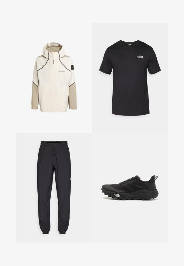 Lekka, kremowa kurtka z zamkiem z przodu, kapturem i szarymi akcentami. Posiada teksturowane rękawy oraz logo na piersi jako element identyfikacji marki.; Czarna koszulka z krótkim rękawem wykonana z bawełny, z okrągłym dekoltem i małym białym logo na górnej lewej części klatki piersiowej.; Czarne spodenki sportowe wykonane z lekkiego materiału, z elastycznym pasem na sznurek, bocznymi kieszeniami i zwężanymi mankietami przy kostkach.; Czarne buty do biegania w terenie z teksturowaną cholewką, gumową podeszwą i wzmocnionym noskiem. Posiadają wyściełany kołnierz oraz uchwyt do łatwego zakładania.