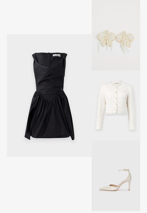 DESIGNERS REMIX VICTORIA JACKET - Overgangsjakke - cream; Sort ærmeløs kjole med struktureret skørt, samlet nederdel og V-formet sømdetalje. Har en lynlås bagpå og subtilt logoaccent.; Hvide læder højhælede sko med spids tå, ankelrem og en slank stiletto-hæl. Glat tekstur med subtilt glansfuld finish.; Perleblomsterøreringe med gyldne accenter. Hver petal har små, runde perler arrangeret i et blomstermønster med hængende perledetaljer.