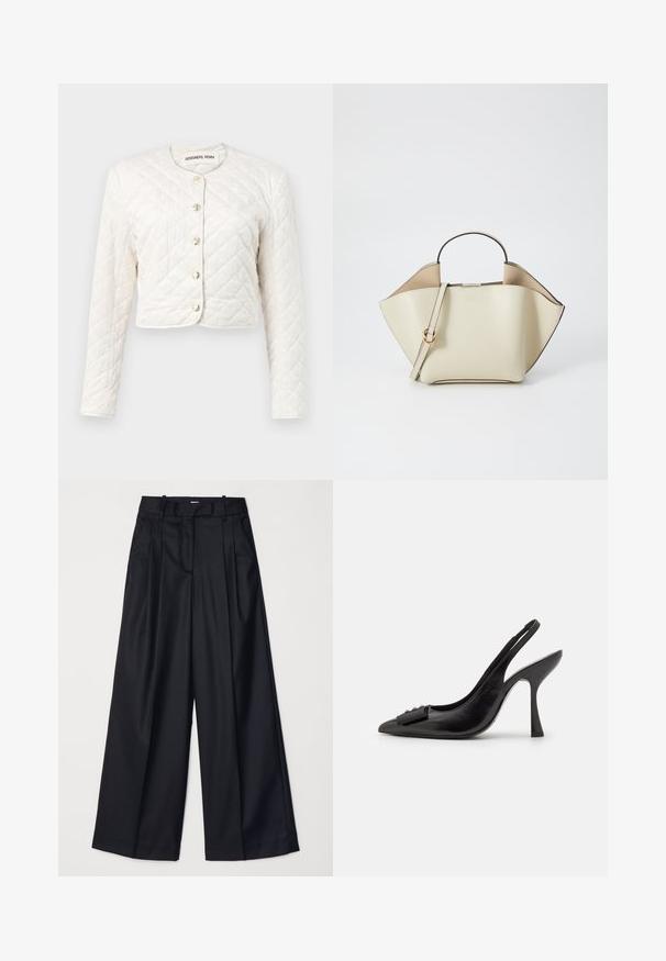 DESIGNERS REMIX VICTORIA JACKET - Übergangsjacke - cream; Weißes Langarmhemd mit Kragen aus Baumwolle. Verfügt über eine durchgehende Knopfleiste und eine Brusttasche. Glatte Textur, lockere Passform.; Schwarze weit geschnittene Hosen aus glattem Stoff, mit hoher Taille, Falten und einer taillierten Passform. Einfaches schwarzes Zubehör an der Taille.; Schwarzer Leder-Slingback-Schuh mit spitzem Zehenbereich, schlankem High Heel und dekorativem Schleifenakzent. Glatte Textur und elegantes Design.; Ree Projects ANN - Handtasche - beige