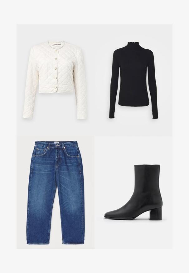 DESIGNERS REMIX VICTORIA JACKET - Light jacket - cream; Black long-sleeve turtleneck top made of smooth fabric, featuring a ruffled neck and fitted silhouette with simple edges.; Citizens of Humanity DAHLIA IN CLAREMONT - Relaxed fit jeans - dark-blue denim; Black leather ankle boot with a pointed toe and a chunky square heel. Smooth texture with a seamless design and minimalistic stitching.