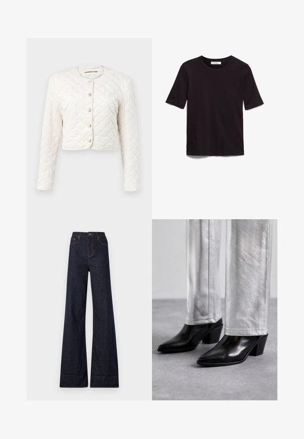 DESIGNERS REMIX VICTORIA JACKET - Übergangsjacke - cream; Schwarzes T-Shirt mit kurzen Ärmeln aus weicher Baumwolle, mit rundem Halsausschnitt und glatter, gleichmäßiger Textur in einem schlichten Design.; Ksubi STRIDER CUFF ORIGINAL - Wide Leg - blue denim; Schwarze Leder-Stiefeletten mit spitzem Zehenbereich und Blockabsatz, kombiniert mit glänzenden silbernen Hosen, die elegante Texturen und kontrastierende Farben zur Geltung bringen.