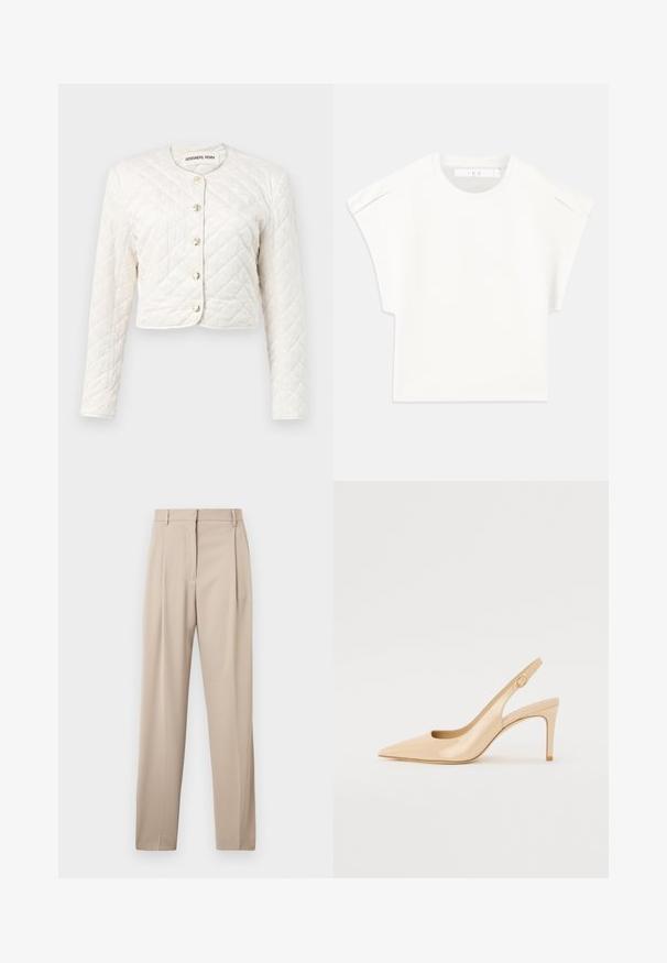 DESIGNERS REMIX VICTORIA JACKET - Light jacket - cream; White boxy t-shirt with short sleeves. Made from smooth fabric, featuring a round neckline and subtle shoulder accents. Simple design.; Beige tailored trousers with a straight leg, featuring pleats at the front and belt loops, made from a smooth fabric.; Nude patent leather slingback heel with a pointed toe, open vamp, and a thin stiletto heel. Features a circular gold accent on the strap.