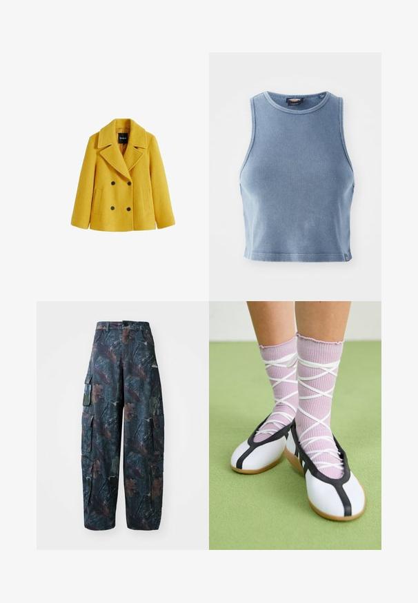 Gul uldblandings peacoat med struktureret finish, dobbeltradet design, brede kraver, to forreste brystlommer og sorte knapdetaljer.; Lyseblå ribbet crop top med rund udskæring og ærmeløst design. Glat tekstur og en lille logo detalje ved kanten.; Camo cargo bukser i mørkegrøn og brun, med flere lommer og en løs pasform, lavet af letvægtigt, holdbart stof.; Hvide flade sko med sort trim og sål, parret med lyse lilla ribbede sokker med hvide krydsseler. Sat mod en grøn baggrund.