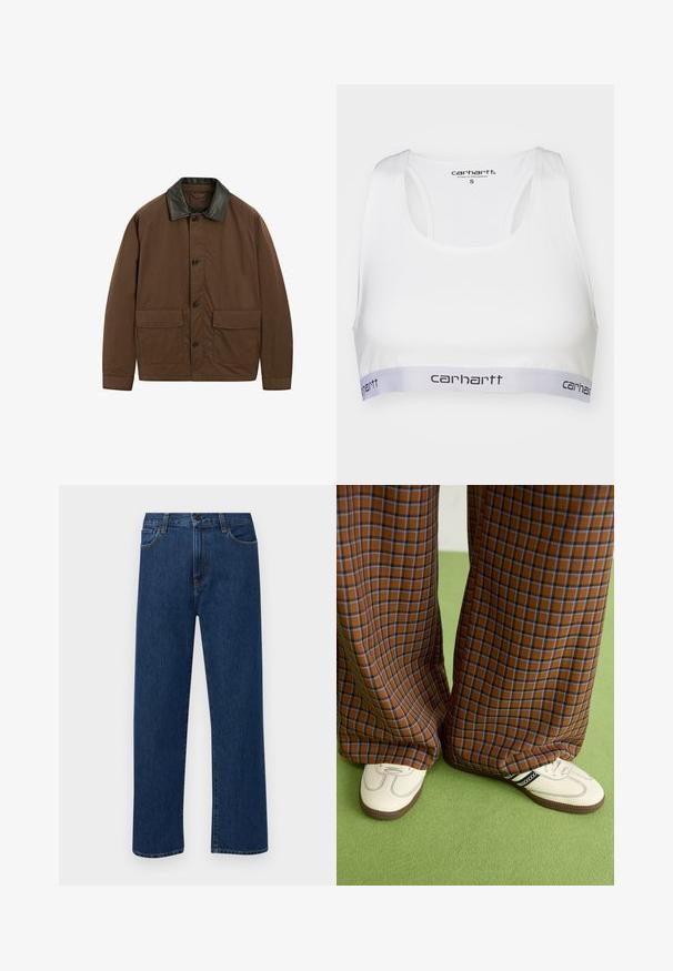 Bruine jas van stof met een zwart leren kraag, voorzien van twee voorzakken, knoopsluiting en een ontspannen pasvorm.; Witte sportbeha van gladde stof, met een racerback ontwerp en een grijze elastische band met het Carhartt-logo in het zwart. Maat small.; Donkerblauwe rechte denim jeans met frontzakken en een knoopsluiting, weergegeven op een effen witte achtergrond.; Bruine en blauwe geruite wijde broek, gecombineerd met witte schoenen met zwarte accenten en een gestructureerde zool, gezet tegen een groene achtergrond.