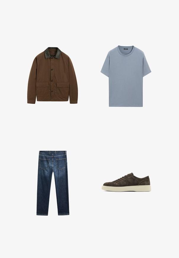 Brown jacket made of fabric with a black leather collar, featuring two front pockets, button closure, and a relaxed fit.; Light blue cotton t-shirt with a round neckline, short sleeves, and a relaxed fit; smooth texture with no visible patterns or accents.; Dark blue denim jeans with a straight-leg cut, five pockets, and contrasting stitching. Features a clean waistband and hemline.; Brown suede sneakers with a smooth texture, rounded toe, flat rubber sole, and simple lace-up design. Subtle stitching accents on the sides.