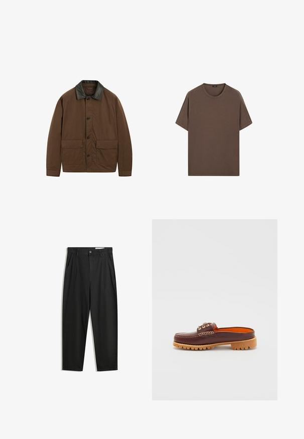 Brown jacket made of fabric with a black leather collar, featuring two front pockets, button closure, and a relaxed fit.; Brown cotton t-shirt with a round neck and short sleeves. Simple design with an even texture and a relaxed fit. No patterns or accents.; Black cotton trousers with a relaxed fit, featuring a classic waistband, front pleats, and side pockets. Smooth texture without patterns.; Brown leather slip-on shoe with a rounded toe, textured stitching detail, gold eyelets, and a tan, ridged outsole. Interior features bright orange.
