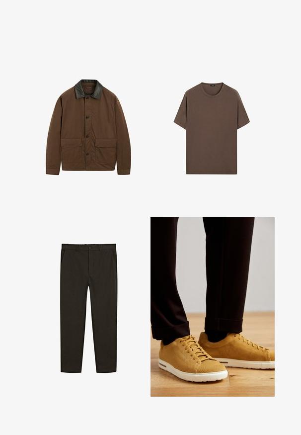 Brown jacket made of fabric with a black leather collar, featuring two front pockets, button closure, and a relaxed fit.; Brown cotton t-shirt with a round neck and short sleeves. Simple design with an even texture and a relaxed fit. No patterns or accents.; Dark brown, woven fabric pants featuring a straight-leg design, front pockets, and a button closure at the waist. Smooth texture.; Yellow ribbed sneakers with white soles, featuring round toe, lace-up design, and textured surface, worn with black cuffed pants on wooden floor.