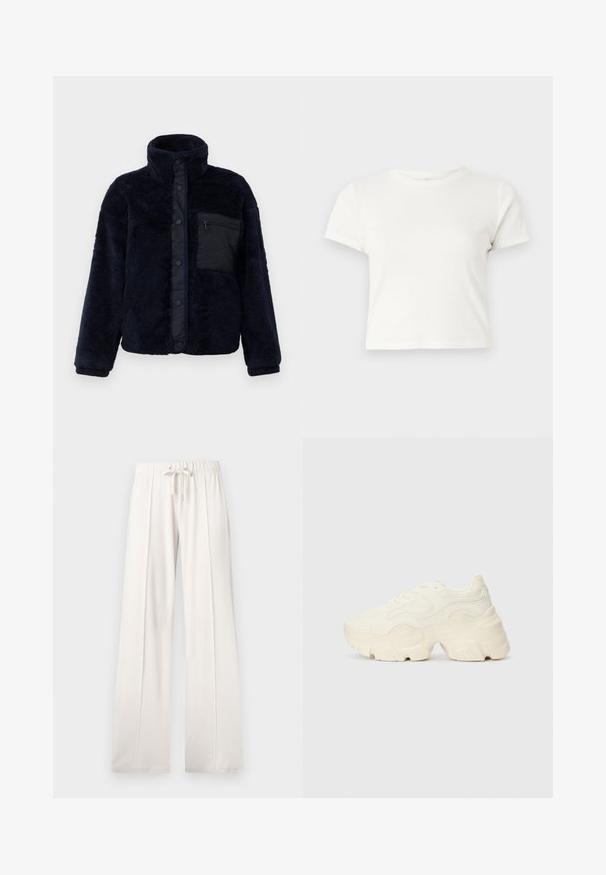 Casaco de lã polar azul-marinho com colarinho alto, botões de pressão e um acabamento texturizado. Apresenta um bolso com fecho éclair preto no lado esquerdo do peito.; T-shirt branca curta feita de algodão, com mangas curtas, um decote redondo e uma bainha reta, apresentando uma textura suave e um design minimalista.; Calças de fato de treino beija claro, feitas de um tecido suave, com cintura elástica ajustável, pernas largas e costuras verticais, apresentando uma textura lisa.; Sapatilhas brancas chunky feitas de malha texturizada e materiais sintéticos, apresentando uma sola espessa e detalhes de padrão intrincados ao longo dos lados.