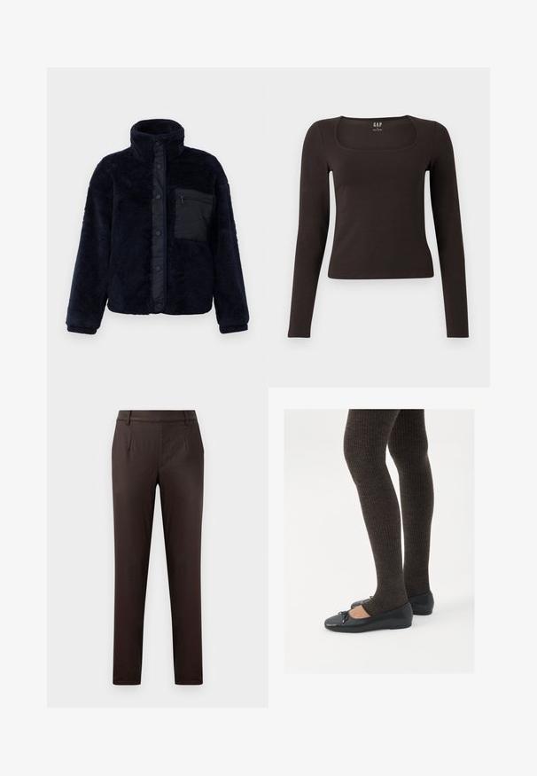 Temno modra flis jakna z visokim ovratnikom, zaponkami in teksturiranim zaključkom. Ima črn žep na zadrgo na levem prsnem delu.; Črn dolg rokav, prilegajoča majica s kvadratnim izrezom, označena z GAP, prikazana na belem ozadju.; Brahne prilagojene hlače s gladko teksturo, ki vključujejo sprednje žepke, raven sprednji dizajn in ožji kroj.; Črne ravne čevlje z majhnim lokom na prstih, v kombinaciji s temno rjavimi rebrastimi nogavicami. Čevlji imajo gladko teksturo in nizko obliko.