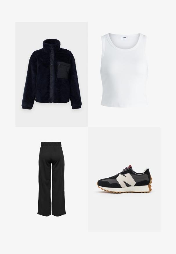 Jachetă din fleece de culoare albastru marin, cu guler înalt, nasturi cu capse și un finisaj texturat. Prezintă o buzunar cu fermoar negru pe partea stângă a pieptului.; Top alb cu detalii texturate, cu guler rotund, fără mâneci și lungime scurtă. Eticheta spune "JJXX." Textură de țesătură netedă.; Pantaloni negri, cu croi larg și talie elastică, realizați dintr-un material neted. Au un design simplu, fără buzunare sau detalii de cusătură vizibile.; Adidași din suede negru și gri cu un mare logo "N" de culoare crem, sireturi purpurii și o talpă din cauciuc texturat de culoare gumă.