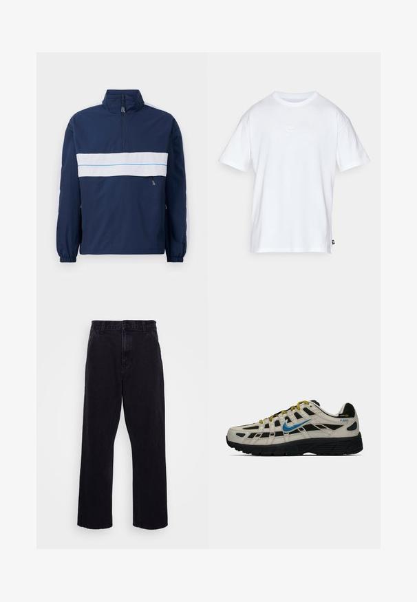 Casaco pullover azul-marinho com gola alta, apresentando uma faixa horizontal branca e um detalhe azul-claro ao longo do peito. Punhos elásticos.; T-shirt de algodão branco com mangas curtas e decote redondo. Apresenta um pequeno e discreto logótipo da Nike no peito e uma etiqueta lateral.; Calças de denim pretas com um design de perna reta, apresentando um fecho de botão e zíper, passantes para cinto e detalhes de costura mínimos.; Sapatilha Nike P-6000 em bege e preto com swoosh azul, atacadores amarelos, sola preta e etiqueta de tecido Cordura no calcanhar.