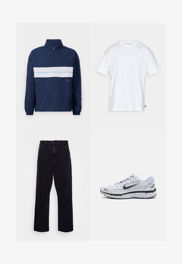 Casaco pullover azul-marinho com gola alta, apresentando uma faixa horizontal branca e um detalhe azul-claro ao longo do peito. Punhos elásticos.; T-shirt de algodão branco com mangas curtas e decote redondo. Apresenta um pequeno e discreto logótipo da Nike no peito e uma etiqueta lateral.; Calças de denim pretas com um design de perna reta, apresentando um fecho de botão e zíper, passantes para cinto e detalhes de costura mínimos.; Sapata de corrida branca com parte superior em malha, ponta arredondada, acentos pretos e sola estampada. Apresenta atacadores e logótipo do lado.
