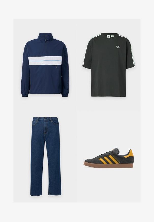 Tamno plavi pulover jakna s visokim ovratnikom, koja ima bijelu horizontalnu prugu i svijetloplavi akcent preko prsa. Elastične manžete.; Crna pamučna majica kratkih rukava, s okruglim izrezom i bijelim detaljima u obliku triju pruga na ramenima. Na prsima se nalazi mali bijeli logotip.; Tamno plave traperice ravnog kroja s prednjim džepovima i kopčanjem na dugme, prikazane na jednostavnoj bijeloj pozadini.; Crne nubuk tenisice s žutim detaljima, sa tri pruge i smešnim gumenim potplatom. Imaju jastučić na jeziku za udobnost.