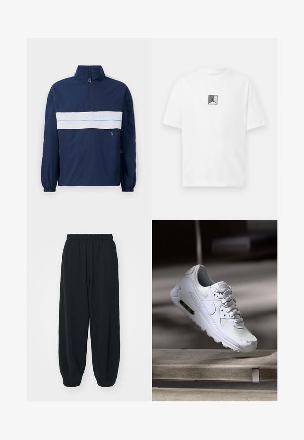 Námořnický modrý svetr s vysokým límcem, s bílým vodorovným pruhem a světle modrými akcenty přes hruď. Elastické manžety.; Bílý bavlněný tričko s centrálním černobílým a šedým logo grafickým prvkem. Klasický kulatý výstřih a krátké rukávy s volným střihem.; Černé teplákové kalhoty s elastickým pasem, volným střihem, manžetami na kotnících, hladkým povrchem a bez viditelných vzorů či kovových detailů.; Bílé tenisky Nike Air Max 90 s vrchním materiálem z textilu a kůže, perforovanou špičkou a viditelnou vzduchovou jednotkou v patě.