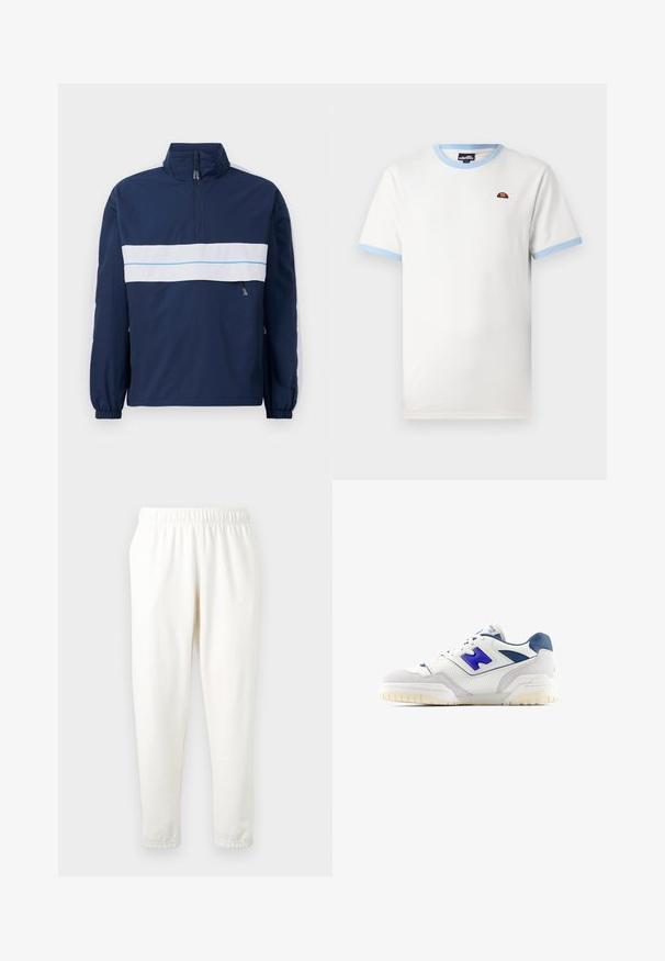 Navy blue pullover jacket with a high collar, featuring a white horizontal stripe and light blue accent across the chest. Elastic cuffs.; White cotton t-shirt with light blue ribbed collar and sleeve edges. Features a small red and orange logo on the chest. Classic fit.; Elastic-waist cream-colored sweatpants with tapered legs, made of soft material. Features a smooth texture and no visible patterns or accents.; White sneakers with blue accents, made of leather and suede, featuring perforated details and a textured rubber sole.