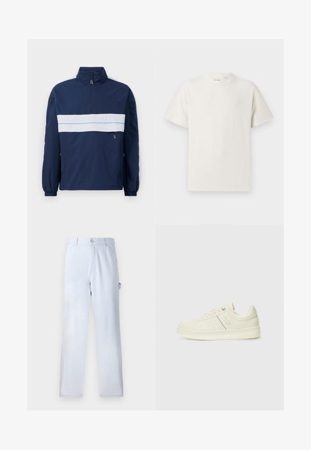 Tamsiai mėlynas megztinis su aukštu kaklu, su baltu horizontaliu brūkšniu ir šviesiai mėlynu akcentu per krūtinę. Elastingi rankogaliai.; Balta trumpa rankovė T-polo marškinėlių su juostelėmis tekstūra. Apvalus iškirpimas, laisvas fasonas, jokių matomų raštų ar akcentų. Paprastas ir universalus dizainas.; Šviesiai mėlyni dryžuoti kelnių pagaminti iš medvilnės. Tiesaus kirpimo dizainas su priekinio mygtuko uždarymu ir šoninėmis kišenėmis. Minkšta tekstūra.; Kremo spalvos sportbačiai su perforuotomis detalėmis, raišteliais ir logotipu šone, išdėstyti prieš paprastą baltą foną.