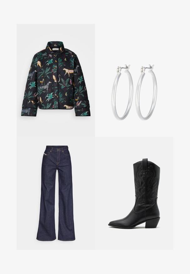 Lollys Laundry QUILTED JACKET - Ľahká bunda - washed black; Dve bavlnené crop tops v bielej a čiernej farbe. Každý má hlboký výstrih a tenké ramienka, s hladkou, jemnou textúrou.; Tmavomodré široké džínsy z denimu s vysokým pásom, zdobené oranžovým šitím, päť vreckovým dizajnom a zapínaním na gombík.; Čierna kožená kovbojská čižma s špicatou špičkou, embosovanými vírivými vzormi a stredne vysokým opätkom. Obsahuje pútko pre jednoduché obúvanie.; Strieborné kruhové náušnice s hladkým, lesklým povrchom. Kolový tvar a bezpečné klikanie na uzatváranie. Ľahký dizajn vhodný na každodenné nosenie.