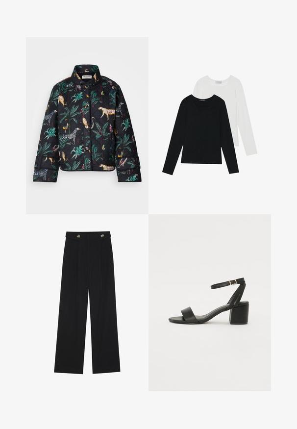 Lollys Laundry QUILTED JACKET - Lengva striukė - washed black; Du suknelės su ilgomis rankovėmis, viena juoda ir viena balta, abi su kvadratiniu iškirpimu ir pagamintos iš minkštos, elastingos medžiagos.; Juodi plačios kojos kelnės su aukštu liemeniu, sagų detalėmis ant liemens ir priekinėmis raukšlėmis.; Juodos aukštakulnės sandalai su lygiu odiniu viršumi, atvira nosimi, plačiomis priekinėmis dirželiomis ir reguliuojama kulkšnies juosta su auksiniu sagtimi.