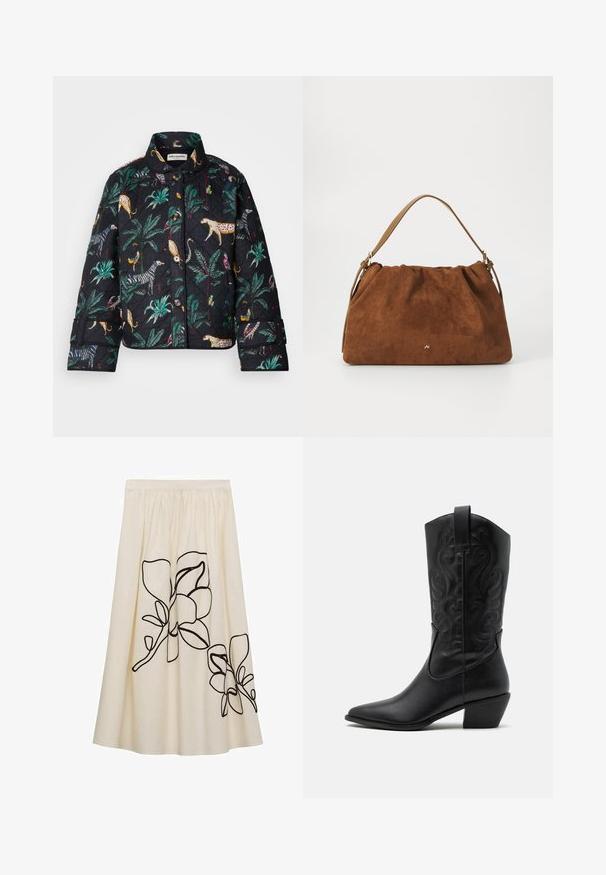 Lollys Laundry QUILTED JACKET - Jachetă subțire - washed black; Top crem cu design asimetric, cu un singur bretele. Prezintă broderie florală neagră pe umăr. Material neted cu un design ajustat.; Fustă crem cu broderie florală neagră, având o talie elastică și un design fluid, fabricată dintr-un material ușor.; Boot de cowboy din piele neagră, cu vârf ascuțit, modele viu încrustate și toc de înălțime medie. Include un tab pentru a fi purtat ușor.; Geantă din suede maro cu un design plisat, având o curea din piele bej și un detaliu subtil cu logo auriu în partea din față.