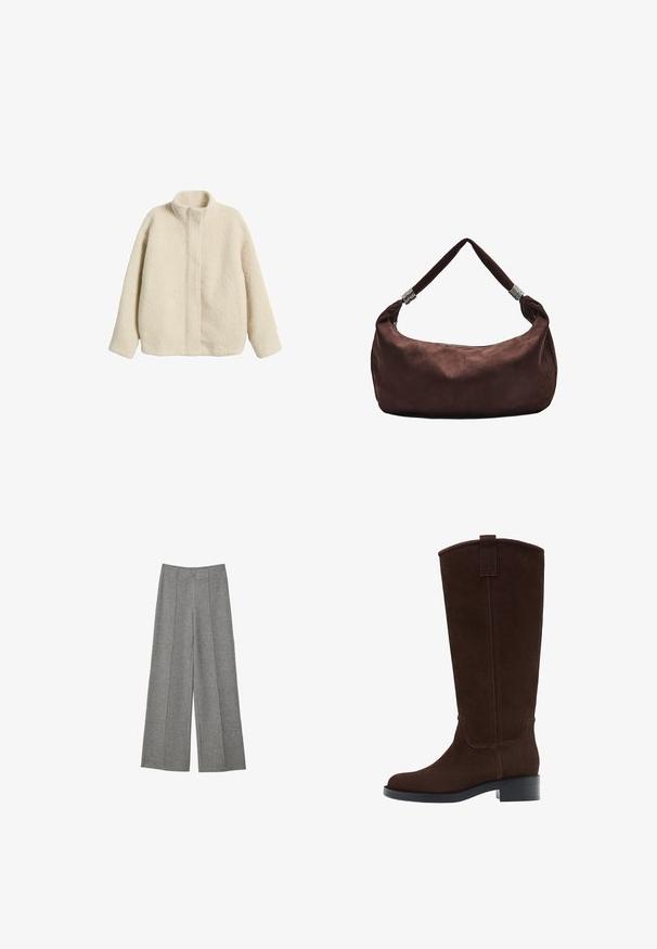 Jasno kremowy polarowy kurtka z wysokim kołnierzem, luźnym krojem i widocznymi szwami. Miękka, teksturowana powierzchnia bez dodatkowych elementów czy ozdób.; Kremowy sweter z golfem, miękka tekstura dzianiny, dopasowany krój, długie rękawy oraz ściągacze przy kołnierzu i u dołu.; Szare spodnie z szerokimi nogawkami wykonane z fakturowanej tkaniny. Zawierają plisowania biegnące z przodu, pasek w talii oraz brak widocznych zapięć.; Brązowe zamszowe kozak z zaokrąglonym noskiem, subtelnymi przeszyciami i niskim słupkowym obcasem; mają pętelkę na górze, co ułatwia zakładanie.; Brązowa zamszowa torba na ramię z zamkiem błyskawicznym, z skręconym paskiem ozdobionym metalowymi akcentami dla bezpiecznego noszenia.