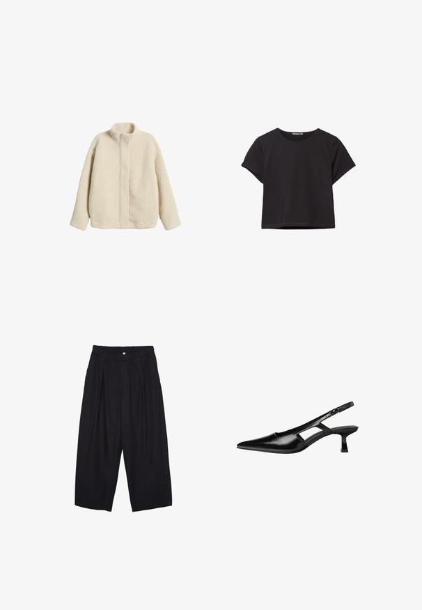 Cremefarvet fleecejakke med høj krave, afslappet pasform og synlige sømme. Blød, struktureret overflade uden ekstra funktioner eller hardware.; Sort kortærmet crop top lavet af blødt stof, med rund halsudskæring og en afslappet pasform med en ren nederste kant.; Sorte polyester culotte bukser med elastisk talje, to forpiber og en løs silhuet. Ingen synlige mønstre eller hardware detaljer.; Sorte patentlæder slingback hæle med spids tå, udskåret sideskærm og en lille firkantet hæl. Glat tekstur med minimale detaljer.