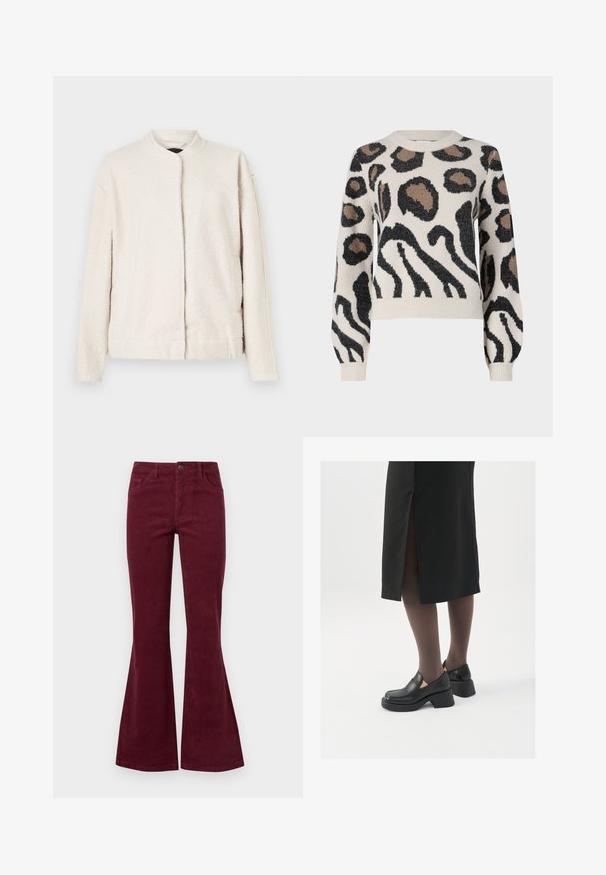 Chaqueta color crema hecha de material texturizado, con cuello redondo, mangas largas y un cierre frontal sin botones visibles.; JDY LORRAINE - Jersey de punto - cement; Jeans de pana burdeos acampanados con cinco bolsillos, cierre de botón en la parte delantera y tejido texturizado. Las campanas se extienden desde la rodilla hasta el dobladillo.; Zapatos de piel negra con punta redondeada, tacón grueso y bloque, y acentos elásticos en los laterales, combinados con unos pantys oscuros y una falda negra con una abertura.