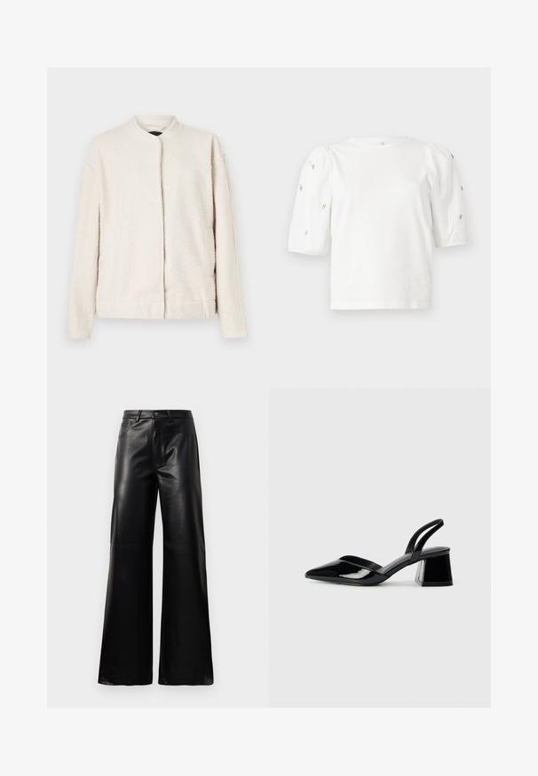 Krémová bunda vyrobená z textúrovaného materiálu, s okrúhlym golierom, dlhými rukávmi a predným zapínaním bez viditeľných gombíkov.; Biela bavlnená tričko s krátkymi volánovými rukávmi, zdobené malými striebornými ozdobami pozdĺž rukávov. Klasický okrúhly výstrih, voľný strih.; Čierne vysokopriestené široké nohavice z umelého kože s predným gombíkom, zipsom, pútkami na opasok a bočnými vreckami na bielom pozadí.; Čierne lakované kožené sandálové podpätky s špicatou špičkou a geometrickým blokovým podpätkom. Disponujú elegantným, minimalistickým dizajnom a hladkým povrchom.