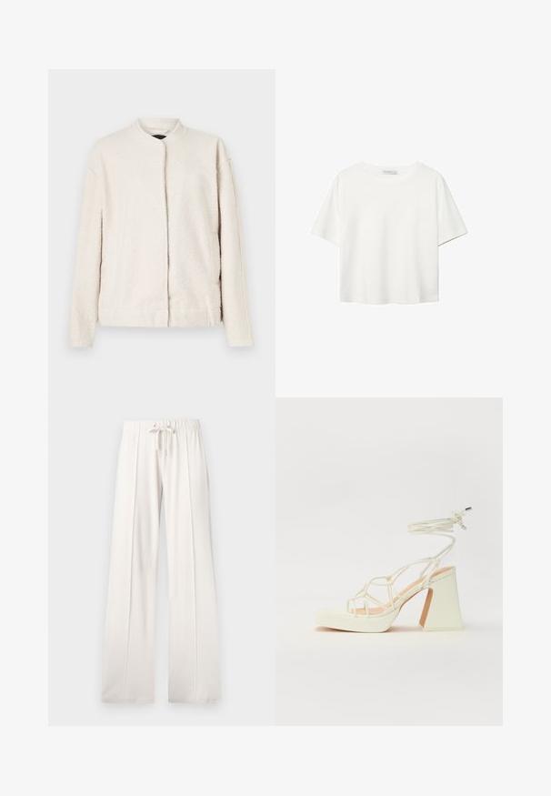 Cremfarbener Blazer aus strukturiertem Material, mit Rundkragen, langen Ärmeln und einer vorderen Schließung ohne sichtbare Knöpfe.; Weißes T-Shirt mit kurzen Ärmeln aus Baumwolle. Hat einen Rundhalsausschnitt und eine lockere Passform. Glatte Textur ohne sichtbare Muster oder Akzente.; Hellbeige Sweatpants aus weichem Stoff, mit einem Kordelzugbund, weitem Bein und vertikalen Nähten, mit einer glatten Textur.; Weiße High-Heel-Sandale mit einem klobigen Absatz, die über ein Riemchendesign und ein Knöchelband verfügt. Glatte Textur mit einer Plattform vorne für zusätzliche Höhe.