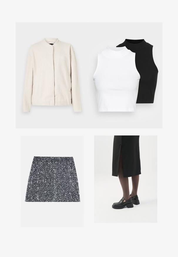 Kreemivärvi jakk, mis on valmistatud tekstureeritud materjalist, ümmarguse kraega, pikkade varrukatega ja esitasku sulgemisega, kus ehtsate nööpide jälgi ei ole.; Kaks musta ja valget ilma varrukat ribikrae topi, millel on sobiv disain ja sile tekstuur, ning lühikesed pikkused.; Hõbedane sädelev mini seelik, millel on tekstuuriline muster ja sirge lõige. Kanga pind paistab läikiv ja peegeldav.; Mustad mustad jalatsid ümmarguse varbaga, paksu plokkniidi ja elastsete külgdetailidega, kombineeritud tumedate sukkade ja musta lõhikuga seelikuga.