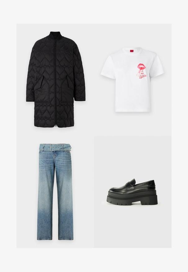 Manteau matelassé noir avec des motifs en forme de cœur, fermeture éclair à l'avant, col côtelé et deux poches angulaires. Finition lisse avec des détails cousus.; T-shirt en coton blanc à manches courtes, orné d'un motif de lèvres roses et d'un graphic de rouge à lèvres, accompagné du texte "La Nuit Devious."; Jeans en denim bleu clair avec une coupe évasée, dotés d'une taille ceinturée assortie et d'une décoloration progressive du foncé vers le clair.; Mocassins en cuir noir avec une semelle plateforme épaisse. Bout arrondi, détail de couture sur le devant et accents de surpiqûres subtils. Semelle plate et texturée.