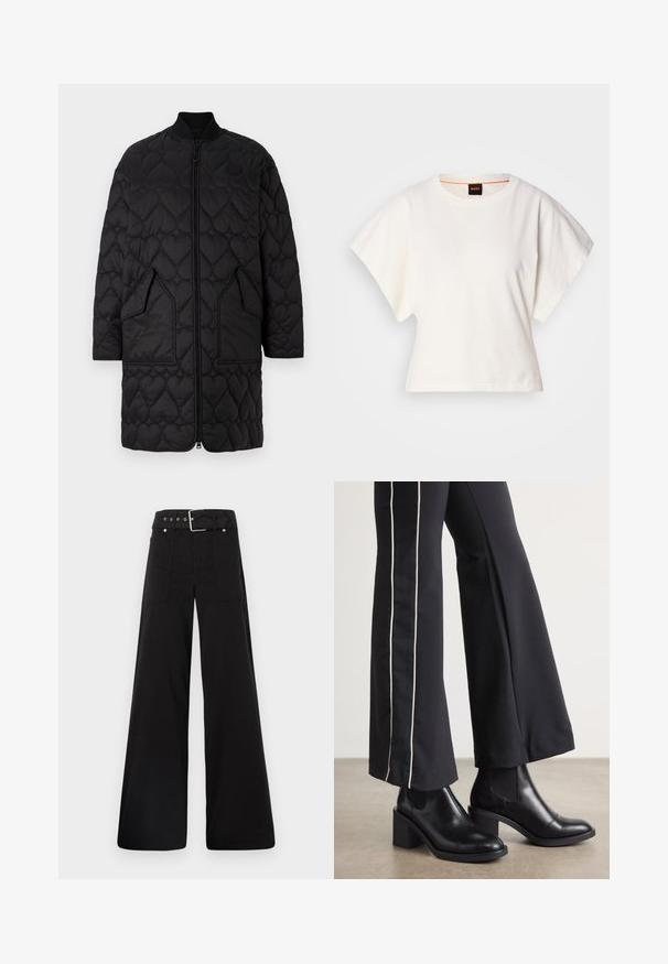 Juodas kilimėlis su širdelės formos raštais, užtrauktukas priekyje, iškilūs apykaklė ir dvi įstrižos kišenės. Lygi apdaila su siuvinėtais detalėmis.; Baltas trumpas marškinėliai, plačios trumpomis rankovėmis, minkšta medvilnė, apvali kaklo iškirptė su subtiliu oranžiniu apvadu, minimalus dizainas, be raštų ar grafikų.; Juodos plačios kojų kelnės, pagamintos iš medvilnės, su aukšta liemene, didelėmis šoninėmis kišenėmis ir diržu, papuoštu sidabriniais akcentais.; Juodi odiniai auliniai batai su plataus bloko kulnu, turintys elastines šonines dalis. Sukomplektuoti su juodomis kelnėmis, turinčiomis baltą šoninės juostą.