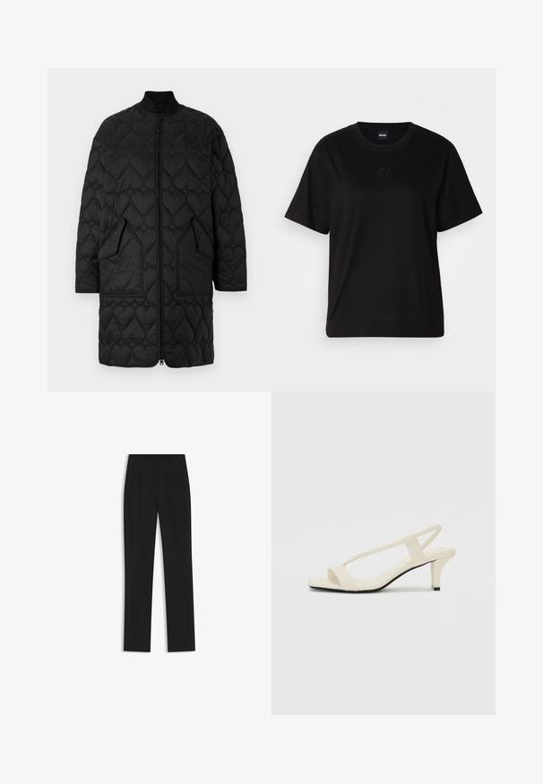 Cappotto trapuntato nero con motivi a forma di cuore, chiusura con zip, colletto a coste e due tasche angolate. Finitura liscia con dettagli a cucitura.; Maglietta in cotone nera con scollatura tonda, maniche corte e logo ricamato sul petto. Design semplice e vestibilità rilassata senza motivi.; Pantaloni neri su misura con un design a gamba dritta, dotati di tasche frontali e un tessuto liscio e strutturato. Dettagli ordinati e minimalisti.; Sandali con tacco a blocco beige, con sottili cinturini e punta quadrata. Materiale liscio con dettagli minimi, progettati per un facile utilizzo.