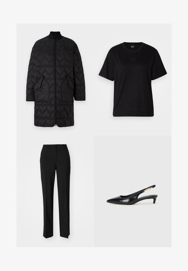 Μαύρο καπιτονέ παλτό με σχέδια σε σχήμα καρδιάς, μπροστινό φερμουάρ, ραμμένο γιακά και δύο γωνιακούς πορτούς. Λείος φινίρισμα με ραμμένες λεπτομέρειες.; Μαύρο βαμβακερό μπλουζάκι με στρογγυλή λαιμόκοψη, κοντά μανίκια και κεντημένο λογότυπο στο στήθος. Απλή, χαλαρή γραμμή χωρίς σχέδια.; Μαύρο παντελόνι με ραφή που έχει σχεδιασμό ίσιας γραμμής, διαθέτει λεία υφή και καθαρές πτυχώσεις κατά μήκος της μπροστινής πλευράς. Χωρίς ορατό μεταλλικό υλικό.; Μαύρες δερμάτινες γόβες slingback με μυτερή μύτη, διαθέτοντας λεπτό τακούνι και χρυσή λεπτομέρεια στην ρυθμιζόμενη λωρίδα. Λείος υφές.