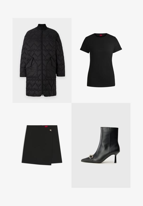 Sort quilteret jakke med hjerteformede mønstre, lynlås foran, ribbet krave og to skrå lommer. Glat finish med quiltede detaljer.; Sort bomulds T-shirt med korte opklappede ærmer, rund halsudskæring og et rødt mærke. Glat tekstur, tætsiddende form med minimal detaljer.; Sort indpakningsskørt med en glat tekstur, der har et rødt logo-tag og en sølv hardwaredetalje. Simpelt design med en ren skæring.; Sort læder ankelstøvle med spidse tæer, slank hæl i mellemhøjde og sølvspænde detaljer på siden mod en ensfarvet baggrund.